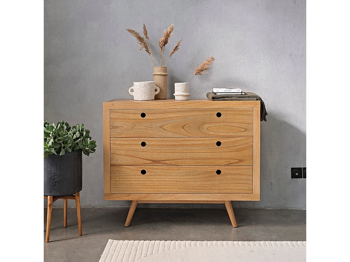 Commode en bois massif 110 cm 3 tiroirs