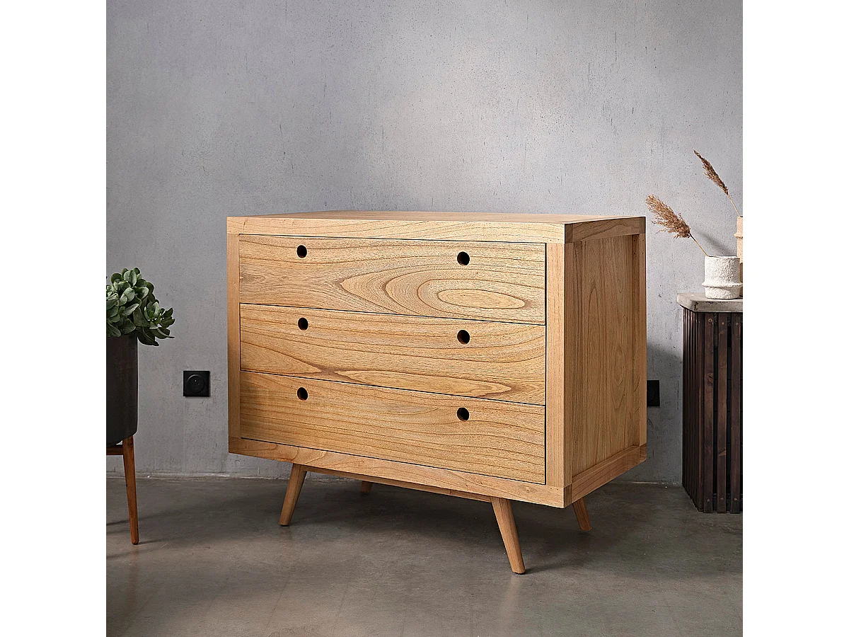 Commode en bois massif 110 cm 3 tiroirs