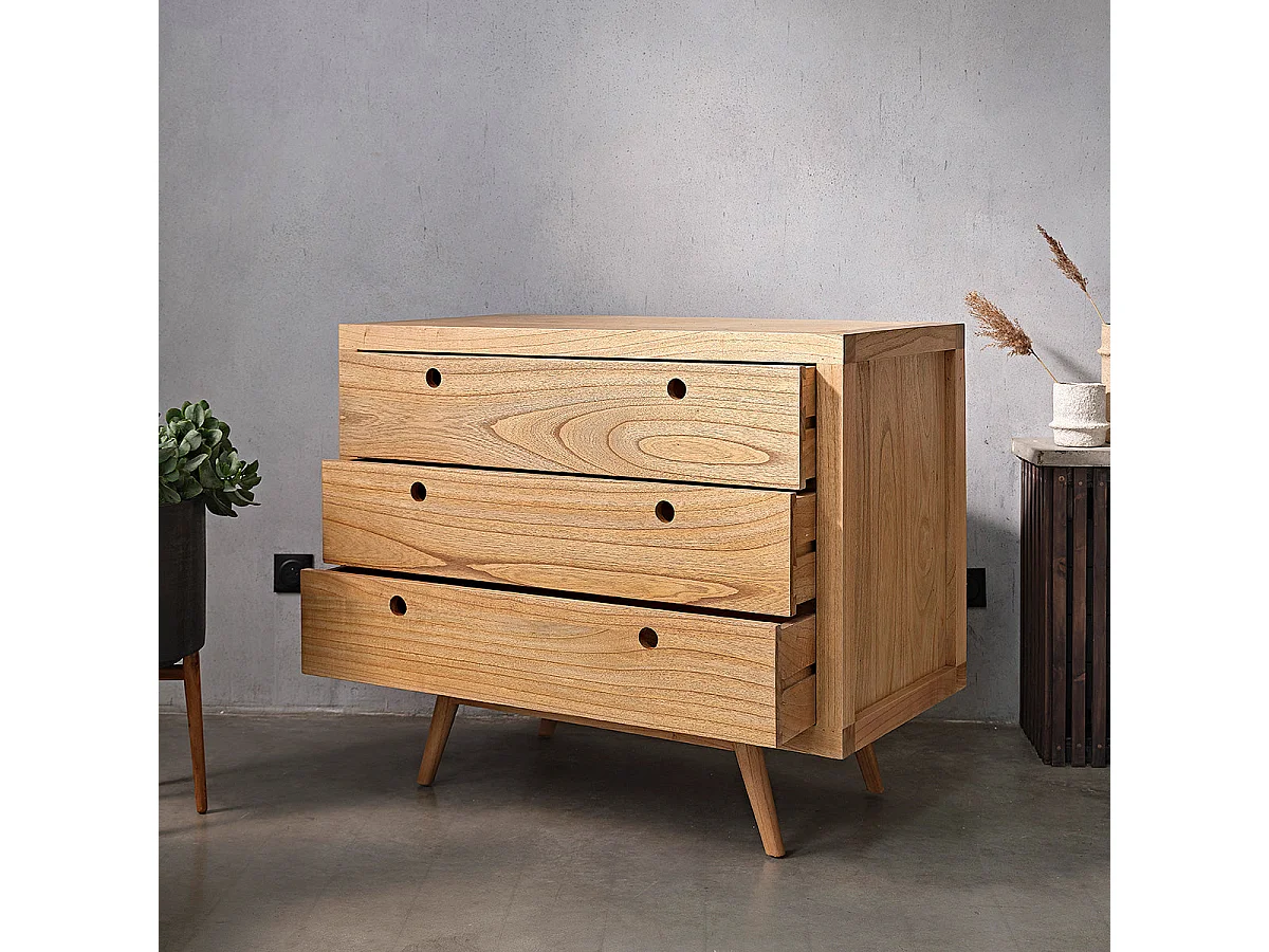 Commode en bois massif 110 cm 3 tiroirs