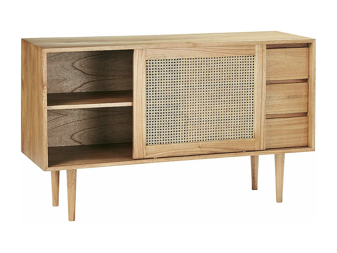 Cómoda de madera de mindi maciza y rejilla de 135 cm