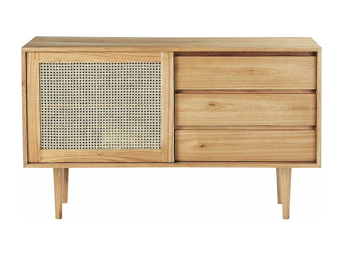 Cómoda de madera de mindi maciza y rejilla de 135 cm