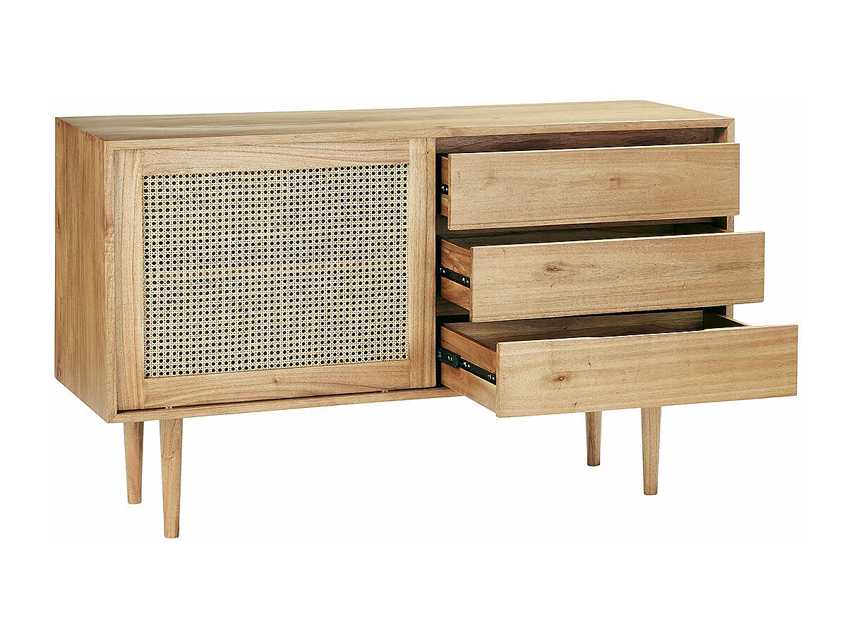 Cómoda de madera de mindi maciza y rejilla de 135 cm