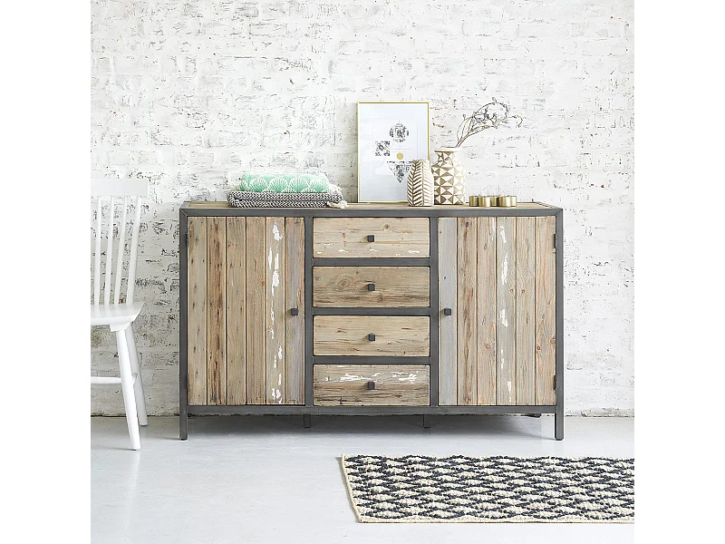 Cómoda de madera de pino reciclada maciza 150 cm