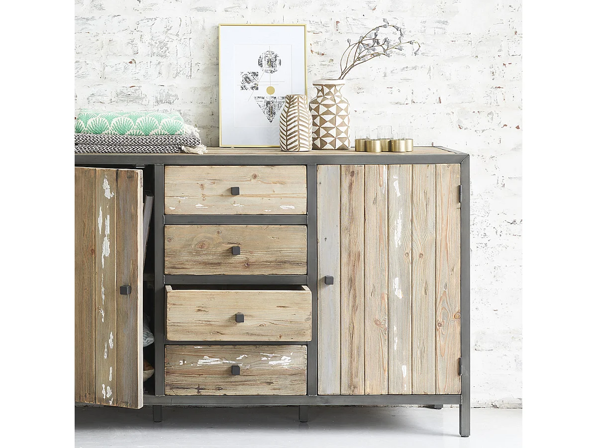 Cómoda de madera de pino reciclada maciza 150 cm