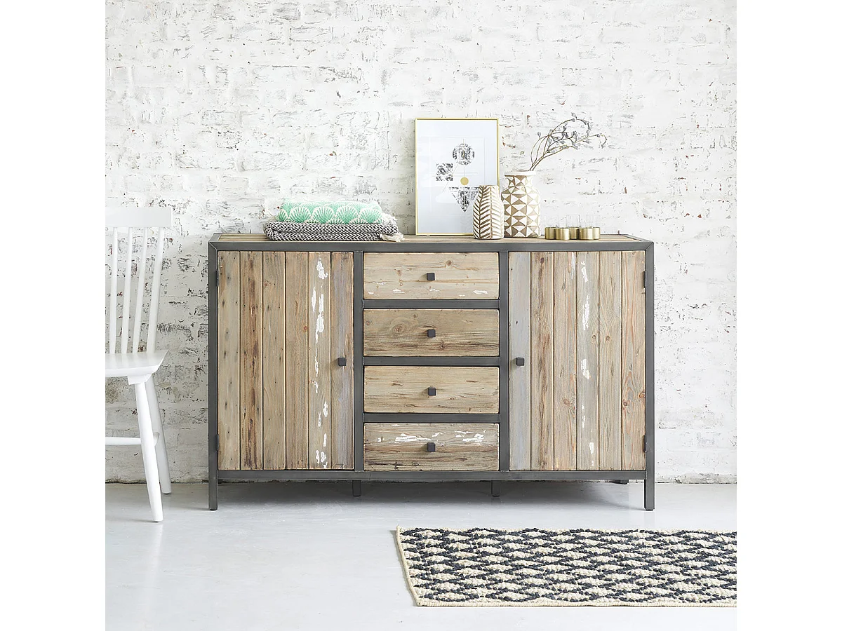 Cómoda de madera de pino reciclada maciza 150 cm