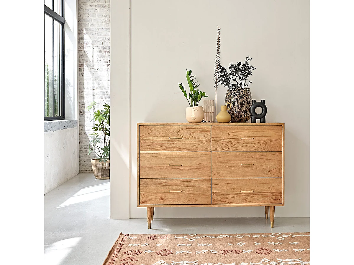 Commode en bois massif 130 cm 6 tiroirs