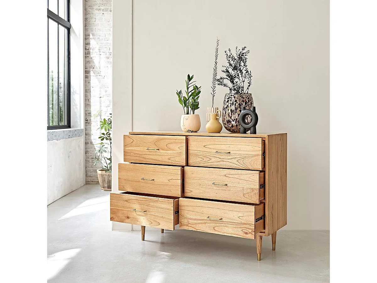 Commode en bois massif 130 cm 6 tiroirs