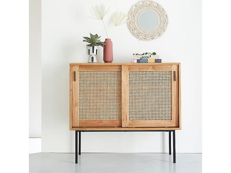 Comò in mindi massello e vimini 100 cm