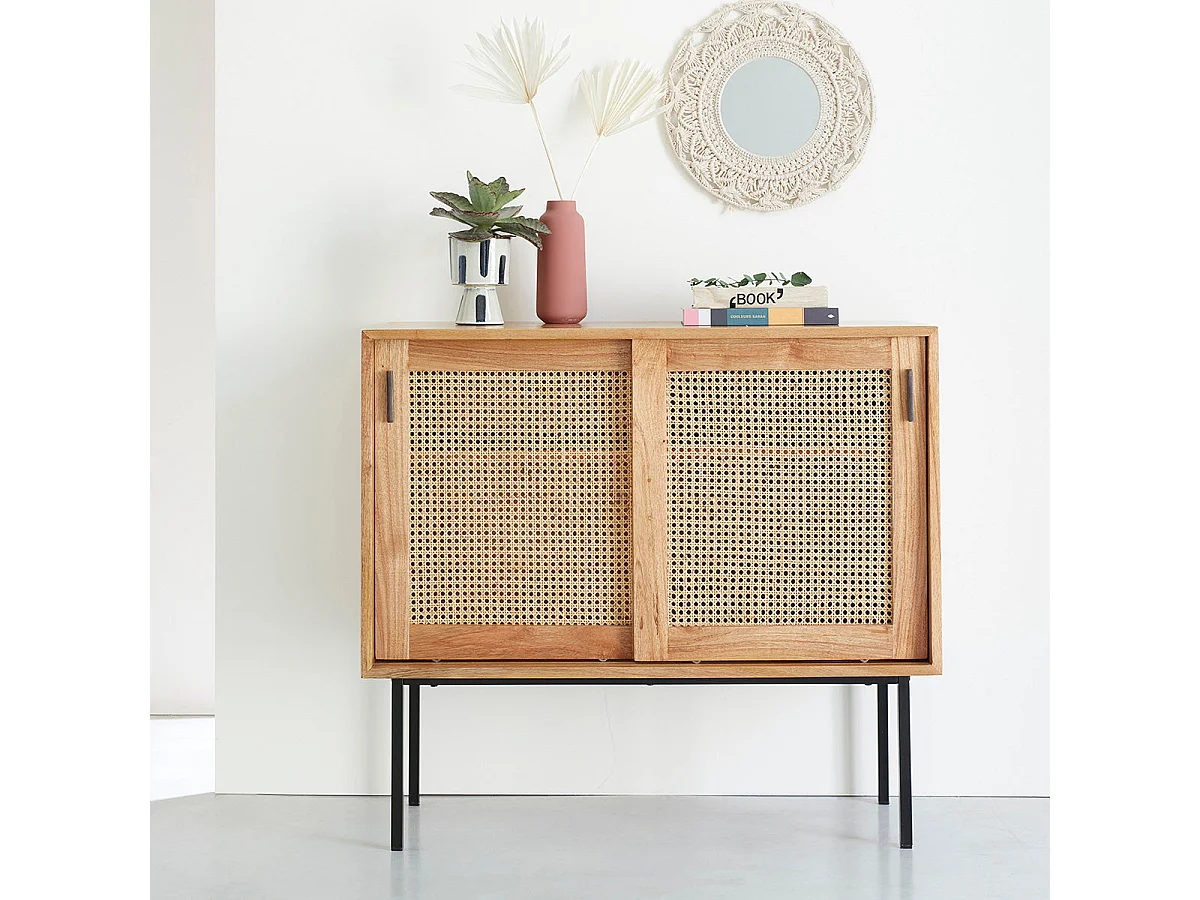 Cómoda de madera de mindi maciza y rejilla de 100 cm