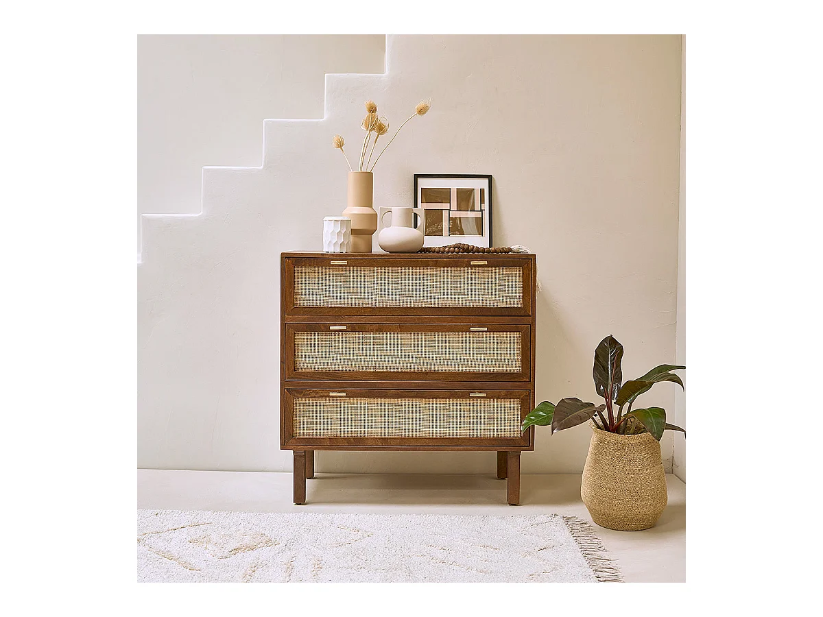 Commode en manguier massif et cannage 90 cm