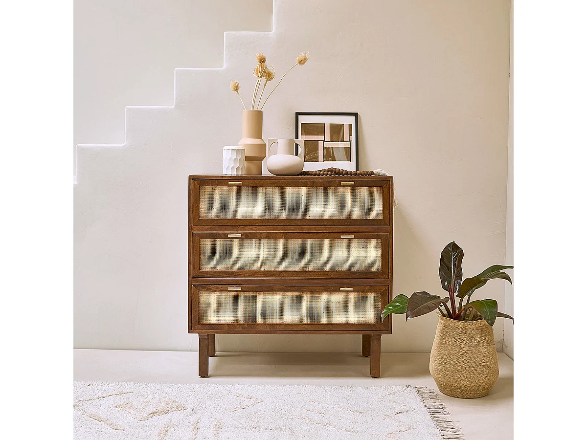 Commode en bois et cannage 90 cm 3 tiroirs