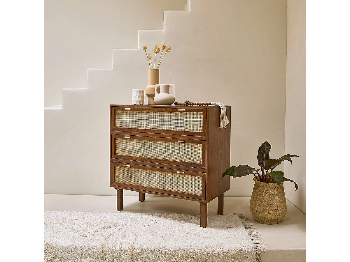 Commode en bois et cannage 90 cm 3 tiroirs