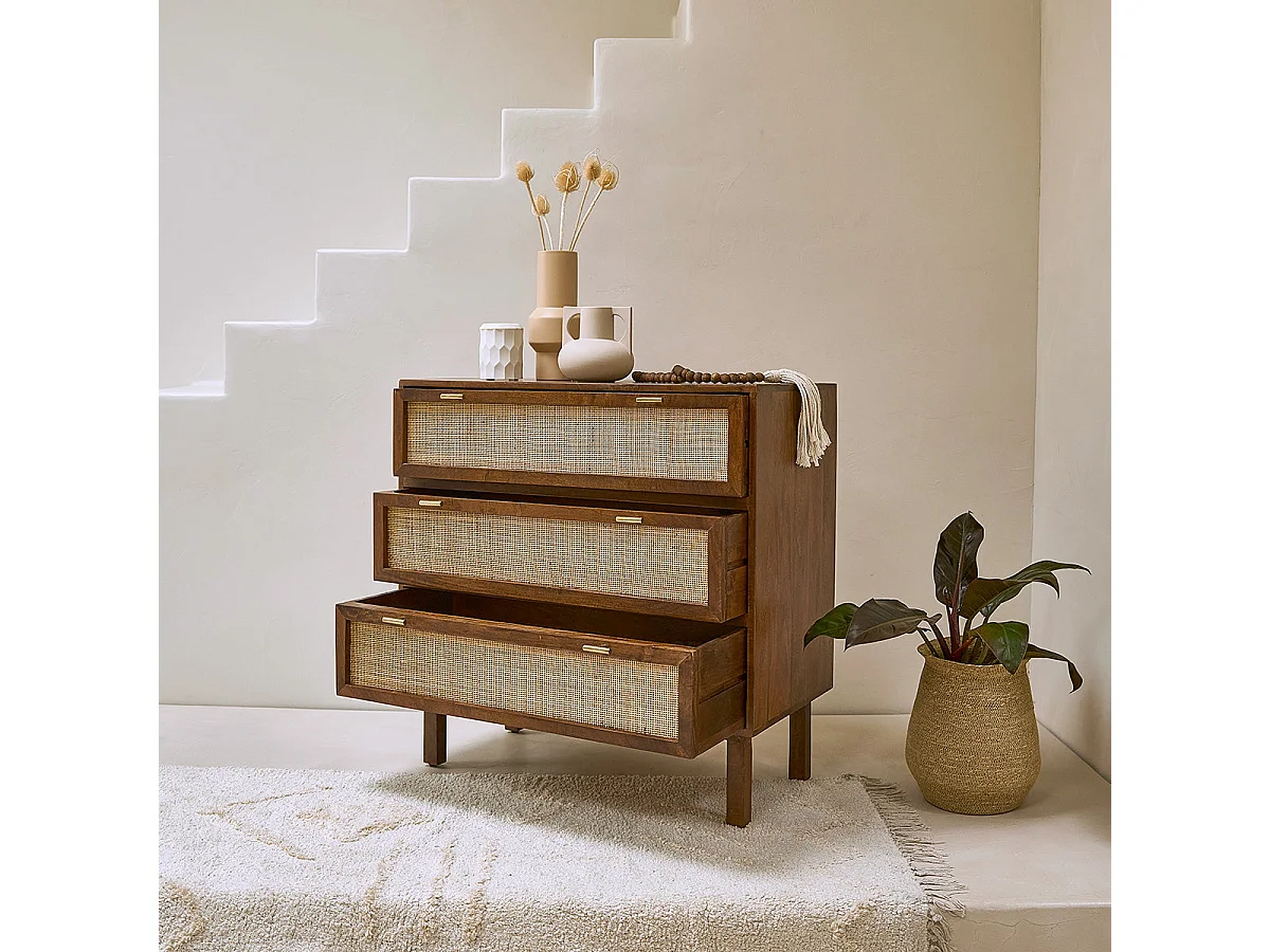Commode en bois et cannage 90 cm 3 tiroirs