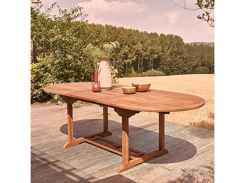 Mesa de jardín extensible y ovalada de madera teca maciza aceitada 8/10 pers.