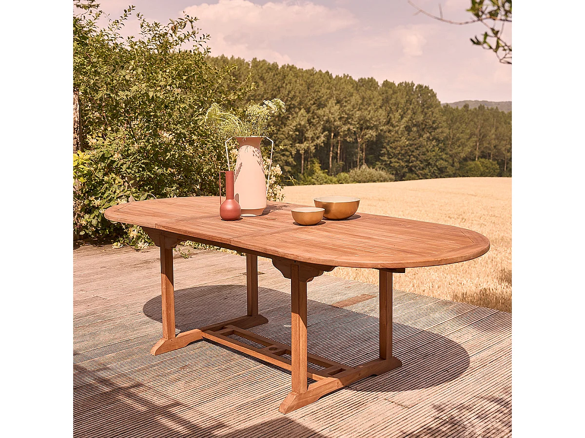Mesa de jardín extensible y ovalada de madera teca maciza aceitada 8/10 pers.