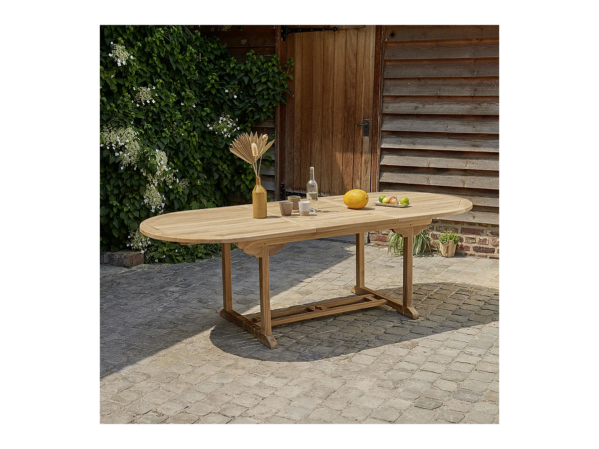 Table de jardin en teck massif extensible ovale 8/10 places