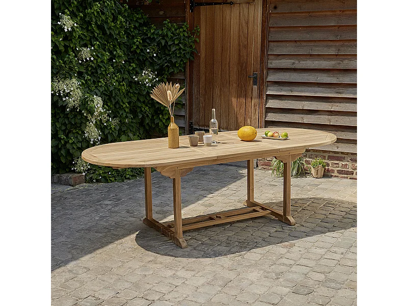 Mesa de jardín extensible ovalada de madera de teca maciza 8/10 pers.