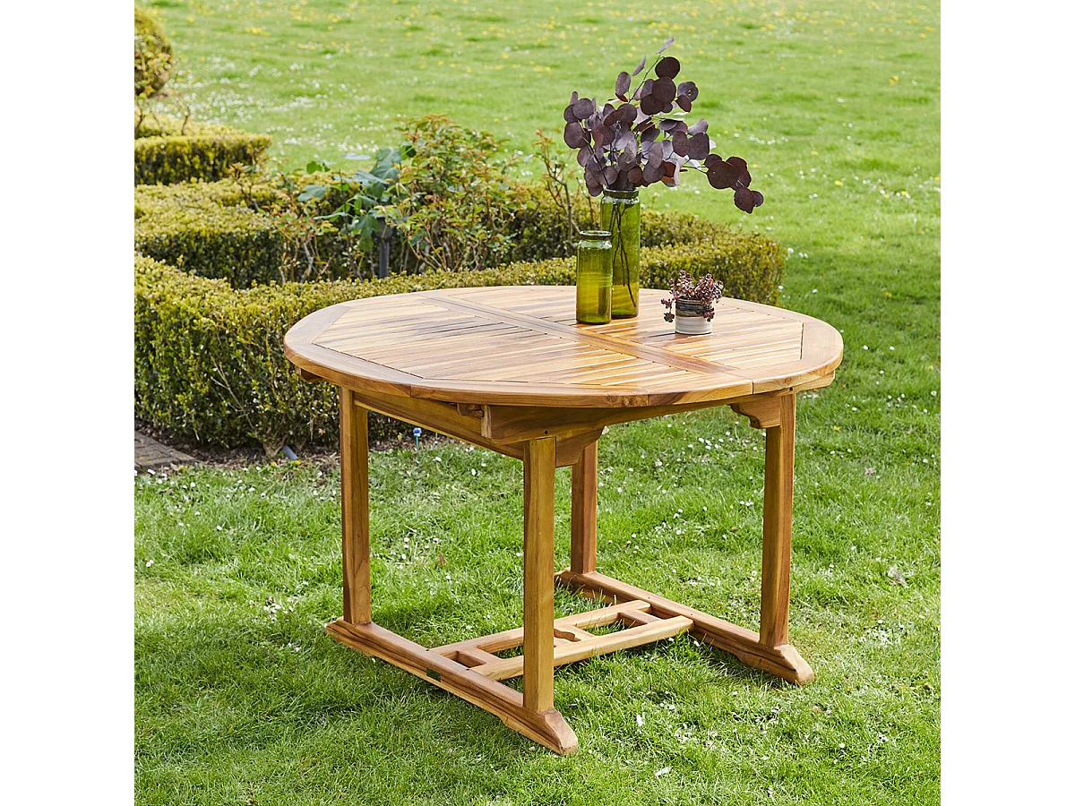 Mesa de exterior ovalada extensible de teca maciza para 6/8 pers.