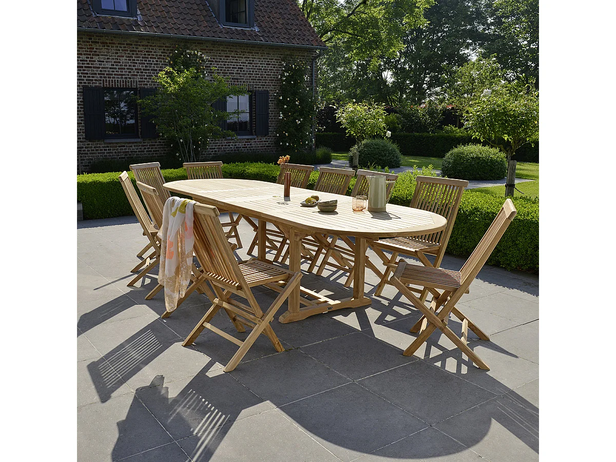 Table de jardin en teck massif extensible ovale 10/12 places
