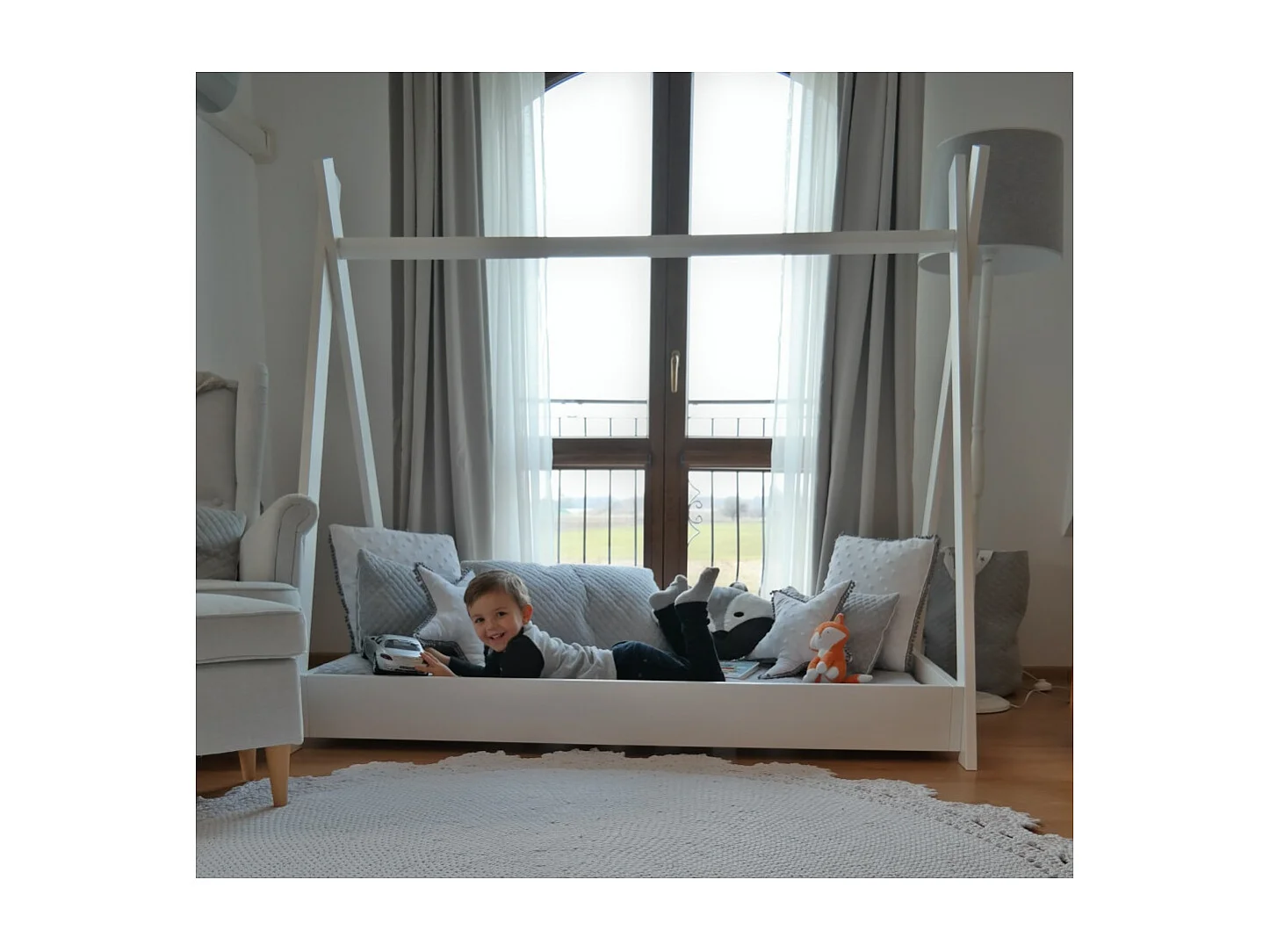 Lit pour enfant Maison 2-en-1 Tente Cabane en Bois Naturel (160x80 cm) Avec matelas eco : Aventures Ludiques et Repos Douillet - Blanc
