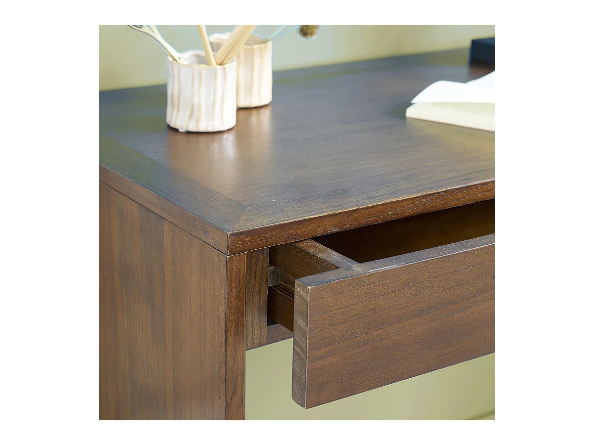 Consola de madera de mindi maciza con acabado nogal