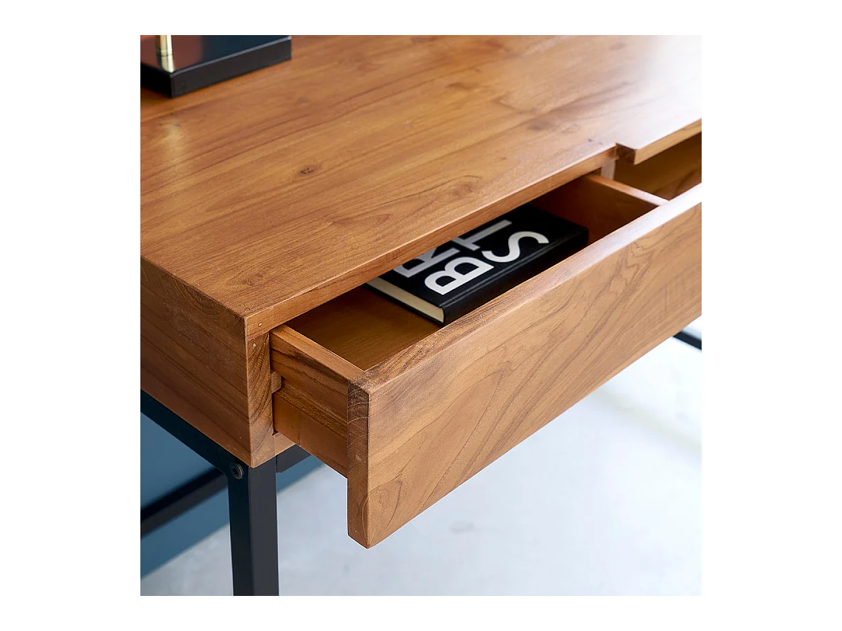 Bureau en teck massif et métal 120 cm