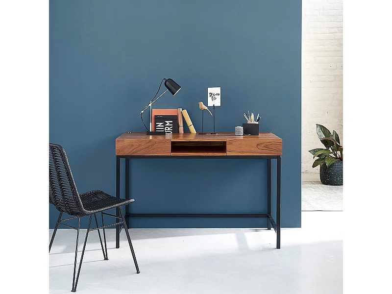 Bureau en teck massif et métal 120 cm