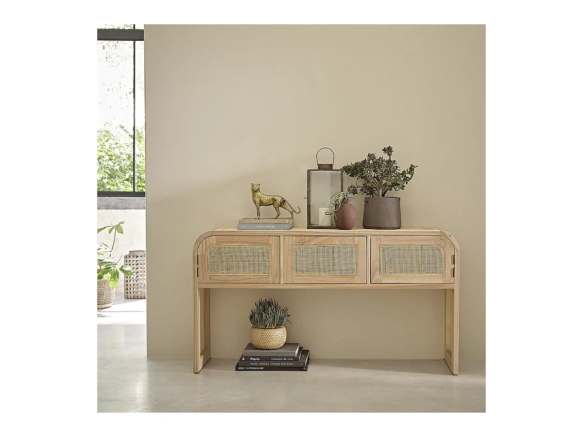 Console en mindi massif et cannage 140 cm