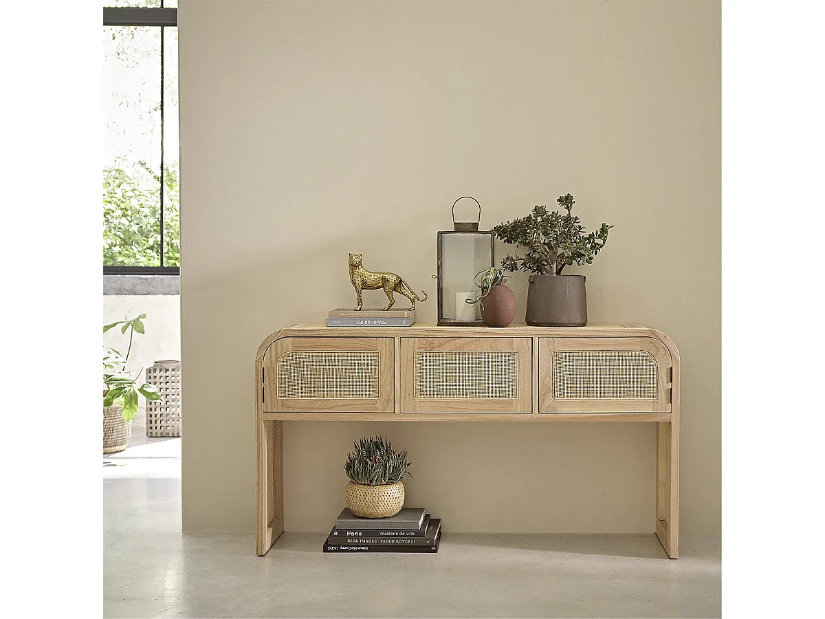 Console en mindi massif et cannage 140 cm