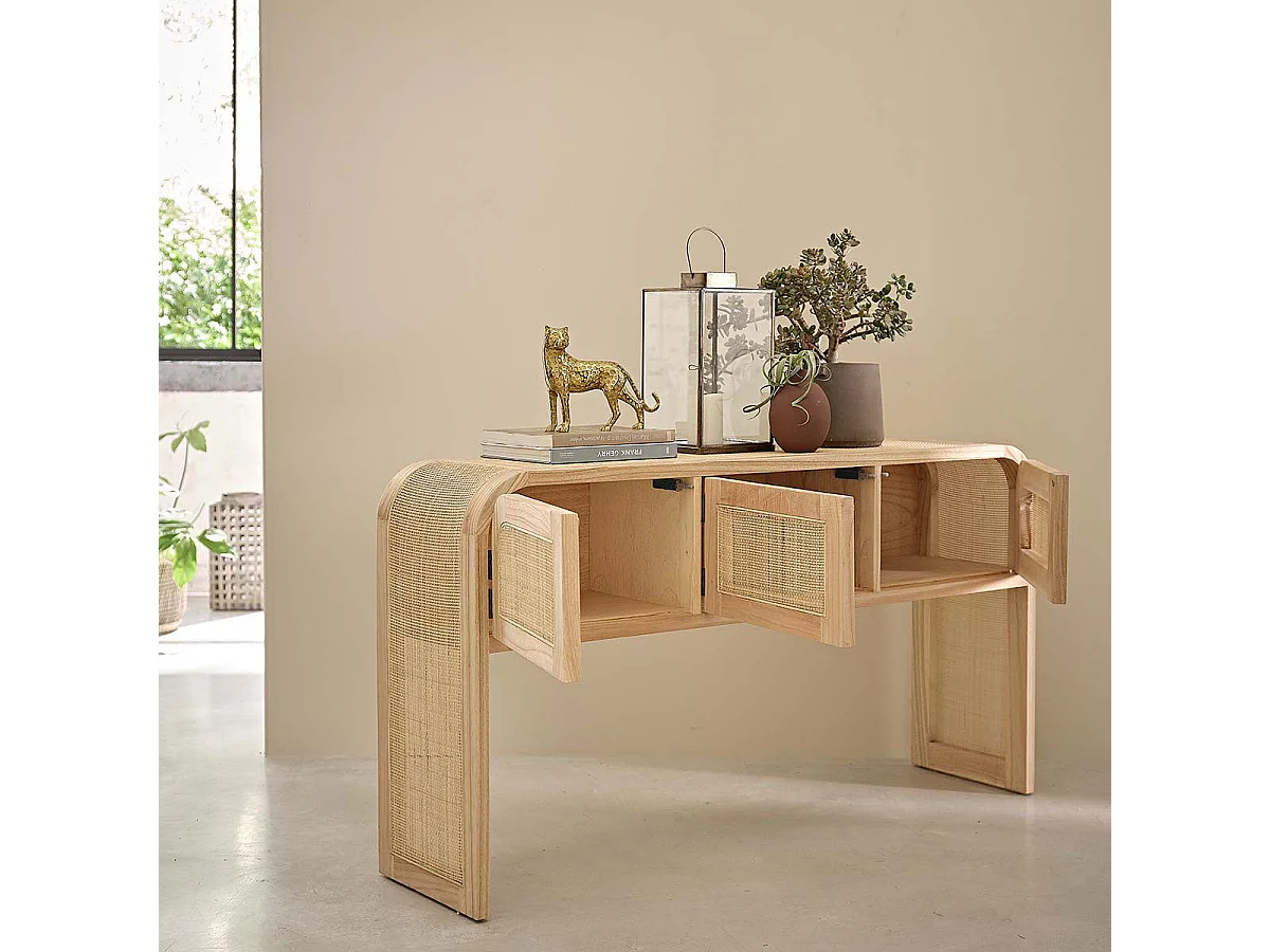Console en mindi massif et cannage 140 cm