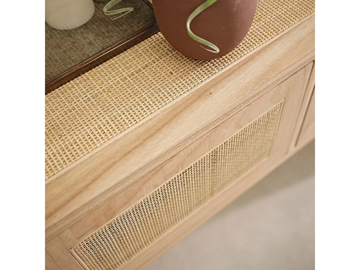 Console en mindi massif et cannage 140 cm