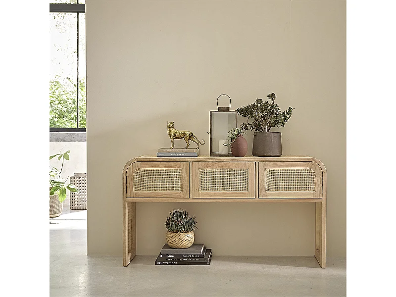 Console en mindi massif et cannage 140 cm