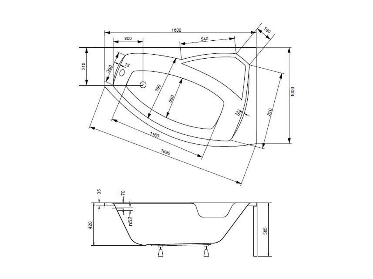 Baignoire d'angle droite RIMA 130-140-150-160-170 cm avec tablier - Dimensions: 170cm