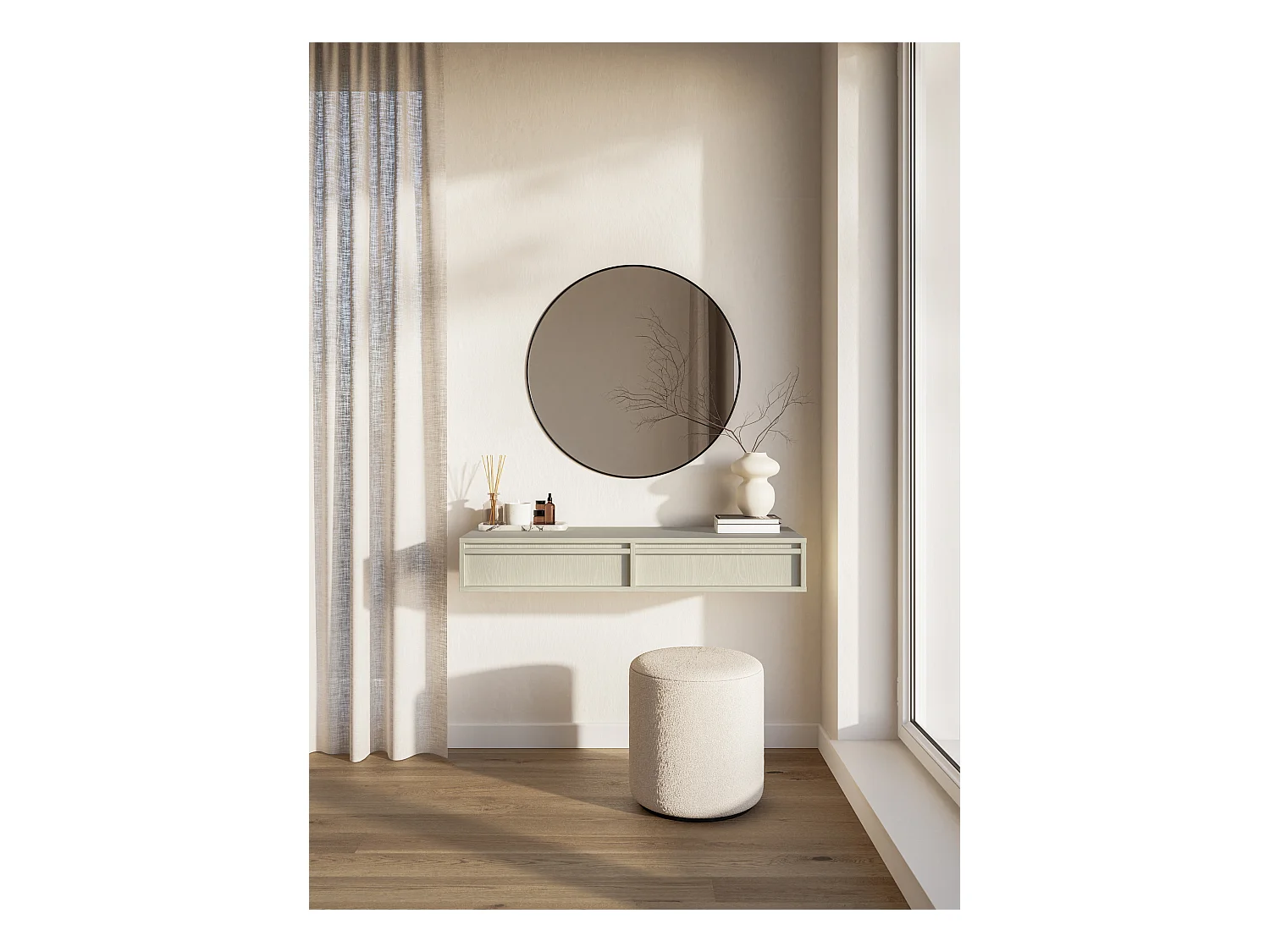 Coiffeuse - 110 cm - avec tiroirs - suspendu - crème - EVO