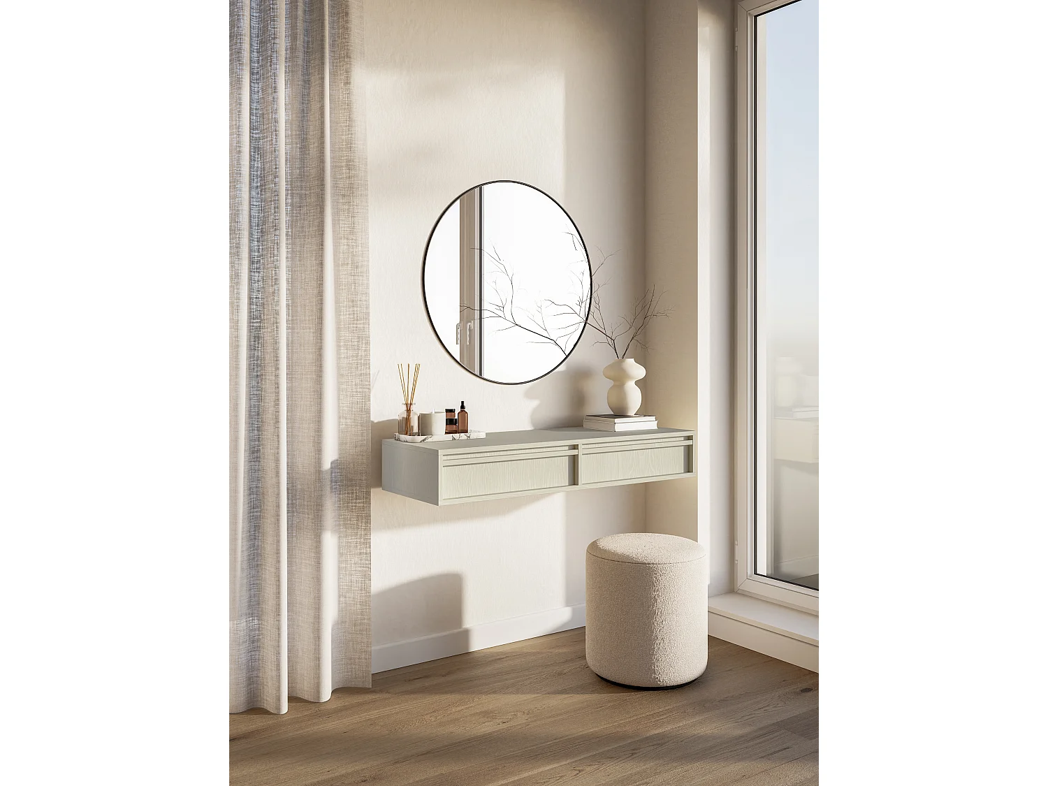 Coiffeuse - 110 cm - avec tiroirs - suspendu - crème - EVO