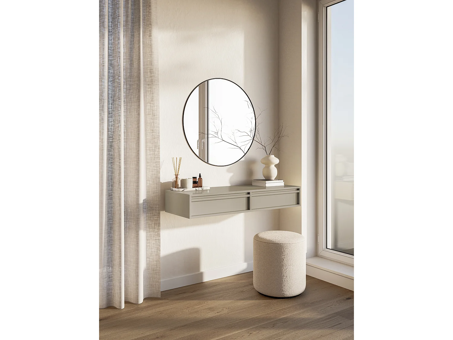 Schminktisch hängend mit 2 Schubladen, Graubeige, 110 cm - EVO