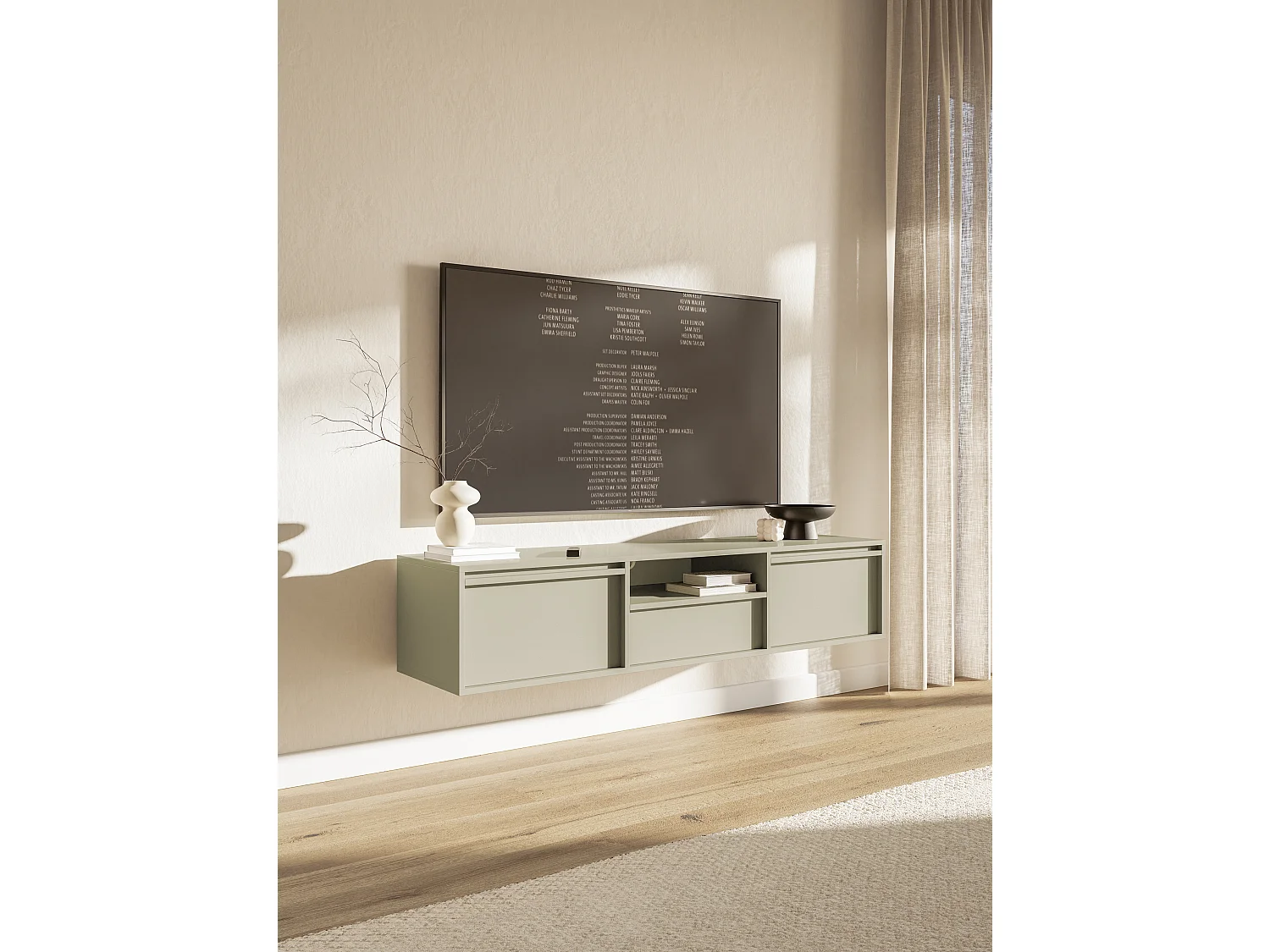 TV-Hängeboard mit Schublade, Graubeige, 154 cm - EVO