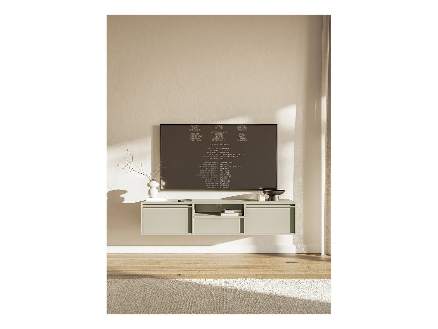 Meuble TV à deux portes - 154 cm - avec tiroir - suspendu - grège - EVO