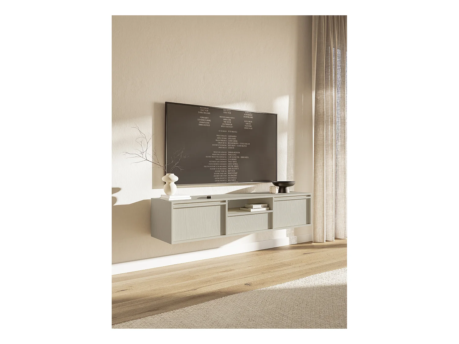 Meuble TV à deux portes - 154 cm - avec tiroir - suspendu - crème - EVO