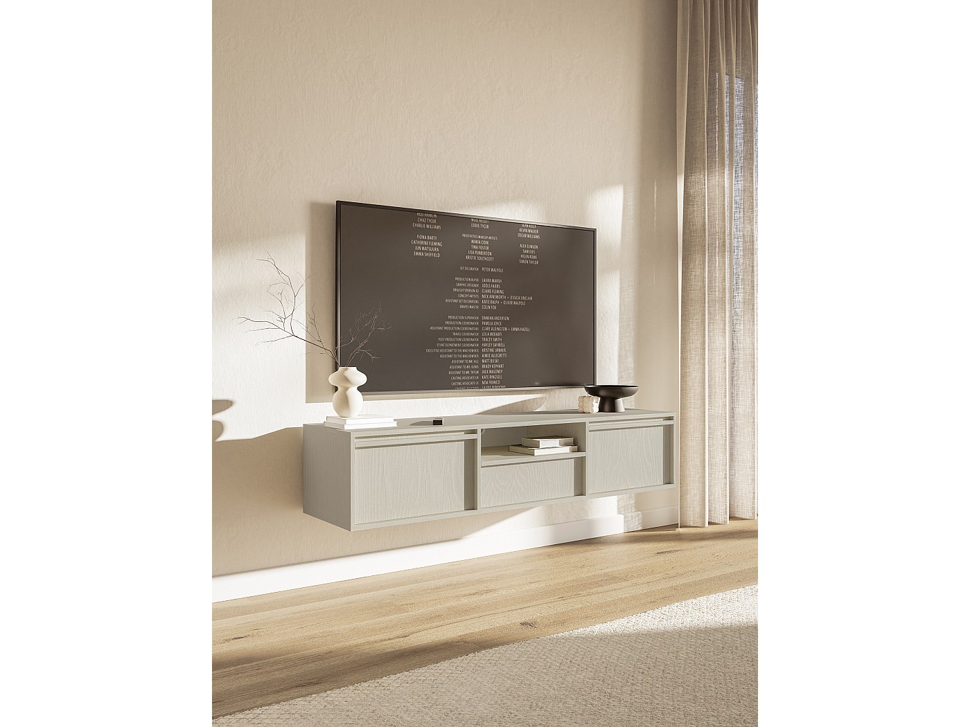 Meuble TV à deux portes - 154 cm - avec tiroir - suspendu - crème - EVO