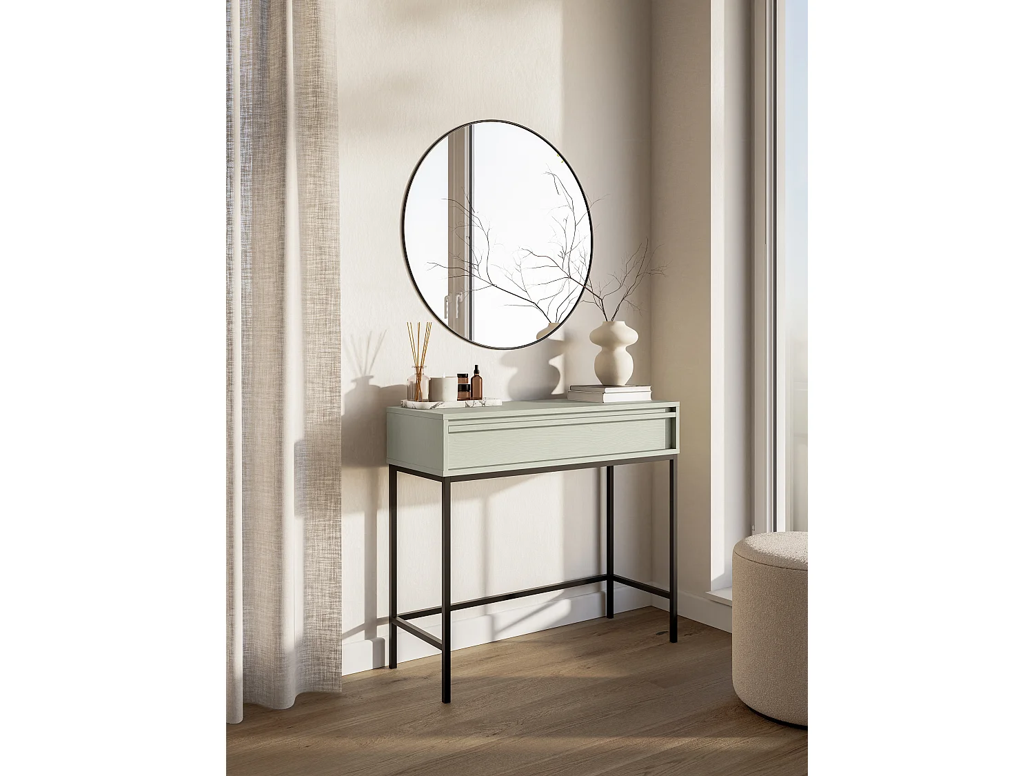 Table console - 90 cm - avec tiroir et cadre - vert sauge - EVO