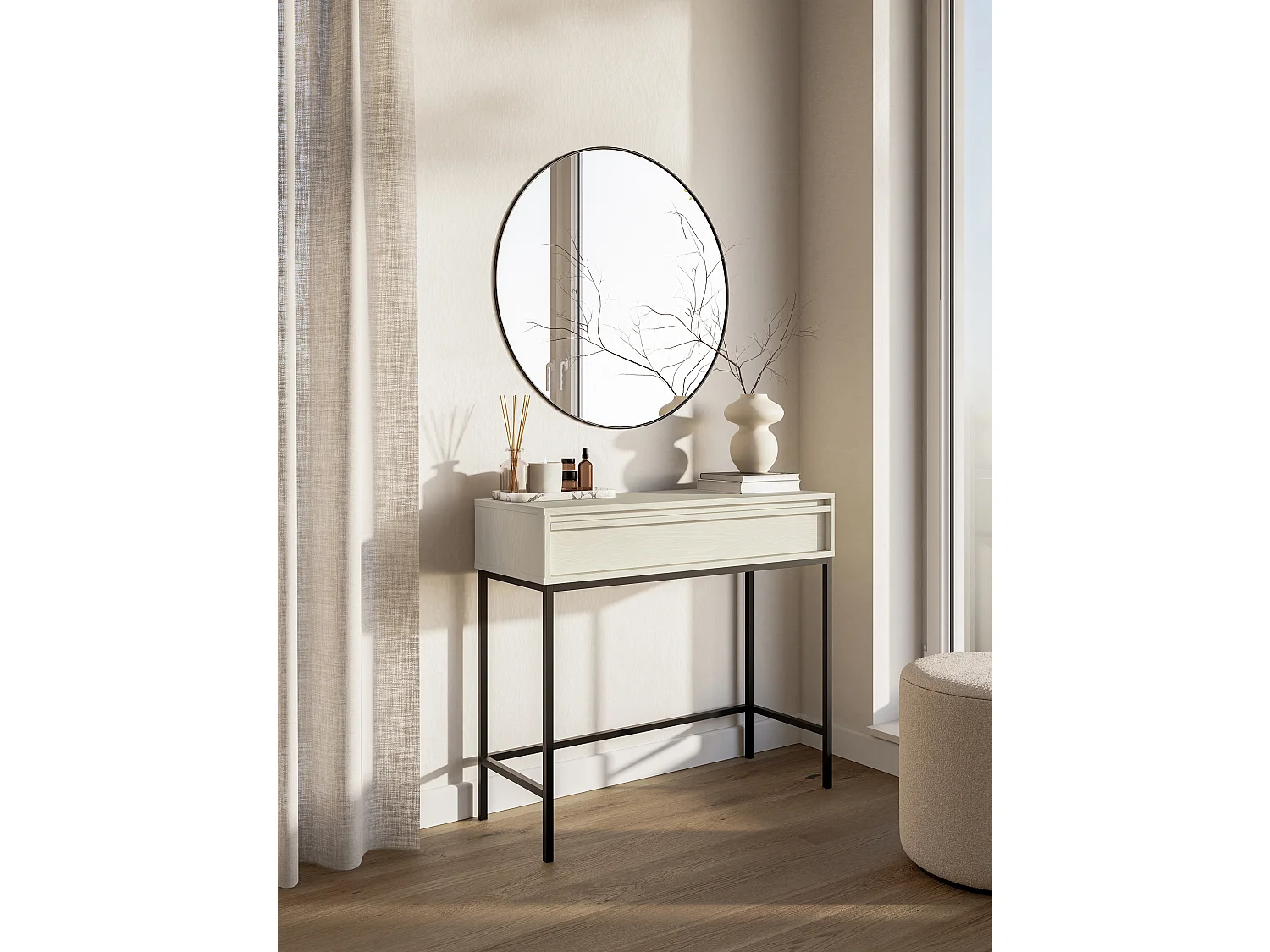 Table console - 90 cm - avec tiroir et cadre - crème - EVO