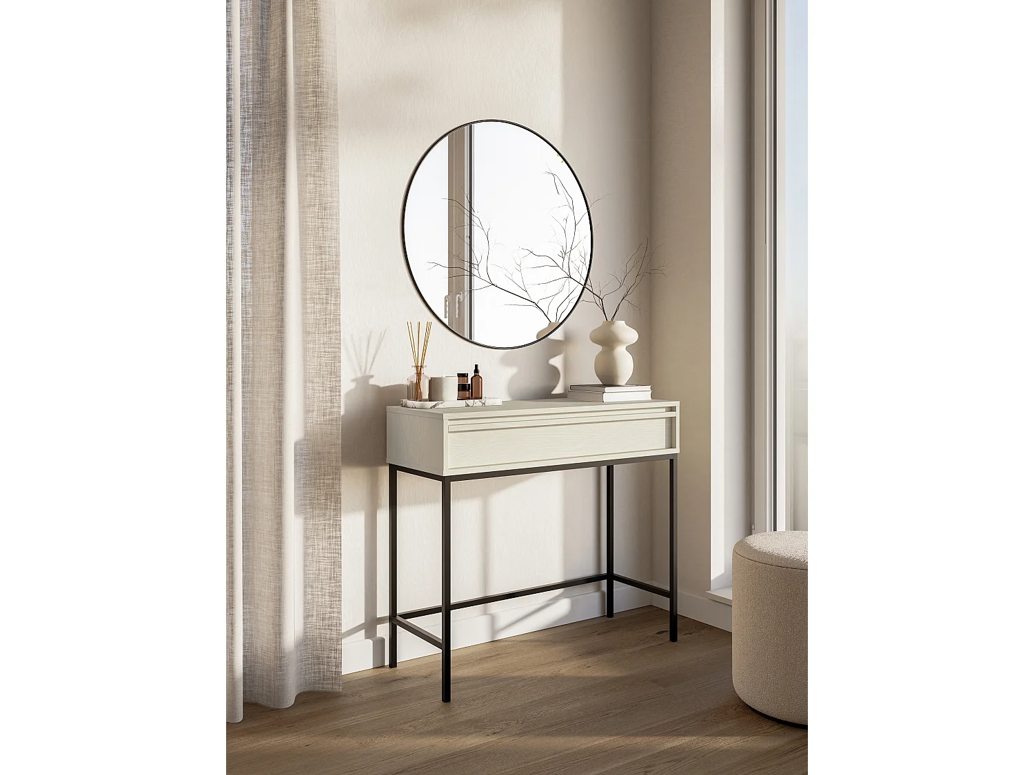 Table console - 90 cm - avec tiroir et cadre - crème - EVO