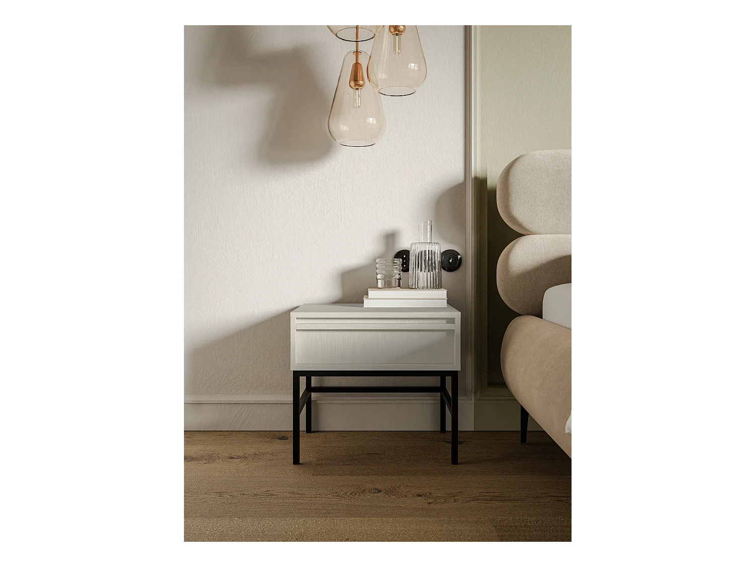Table de chevet - 50 cm - avec tiroir et cadre - crème - EVO