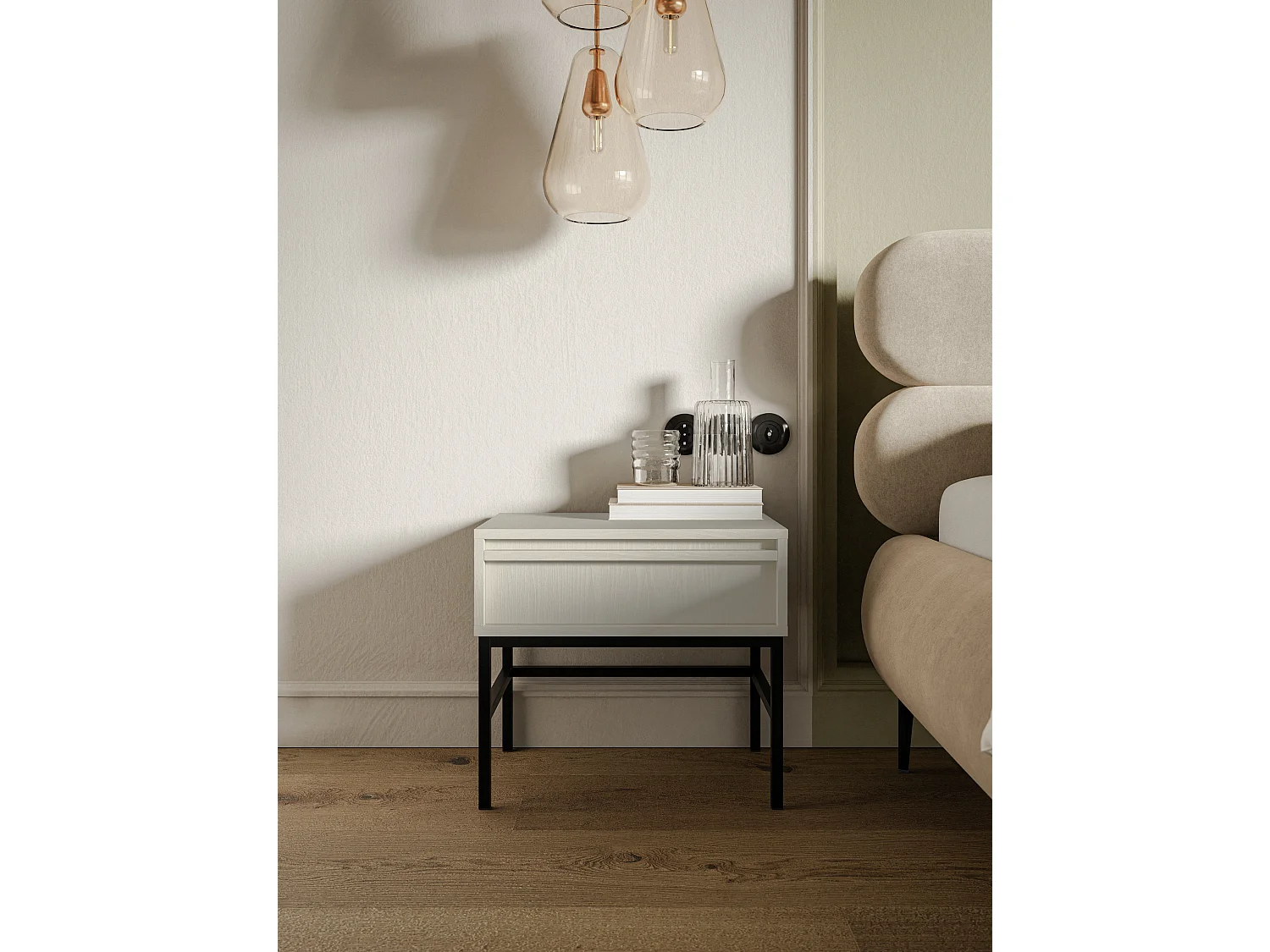 Table de chevet - 50 cm - avec tiroir et cadre - crème - EVO