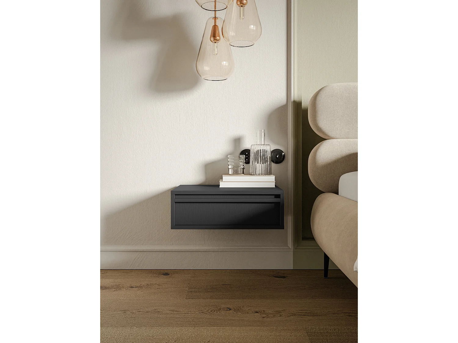 Table de chevet - 50 cm - avec tiroir - suspendu - noir - EVO