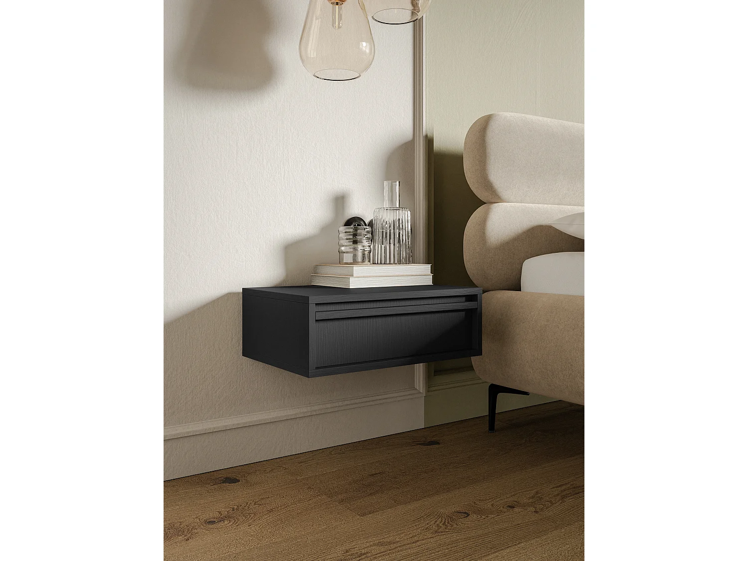 Table de chevet - 50 cm - avec tiroir - suspendu - noir - EVO