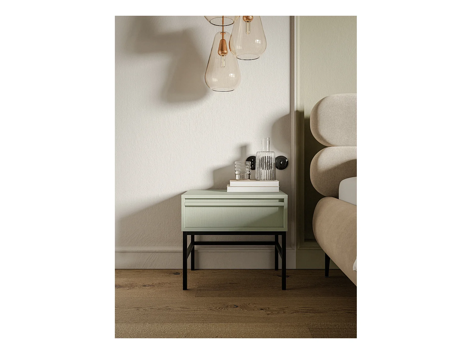 Table de chevet - 50 cm - avec tiroir et cadre - vert sauge - EVO