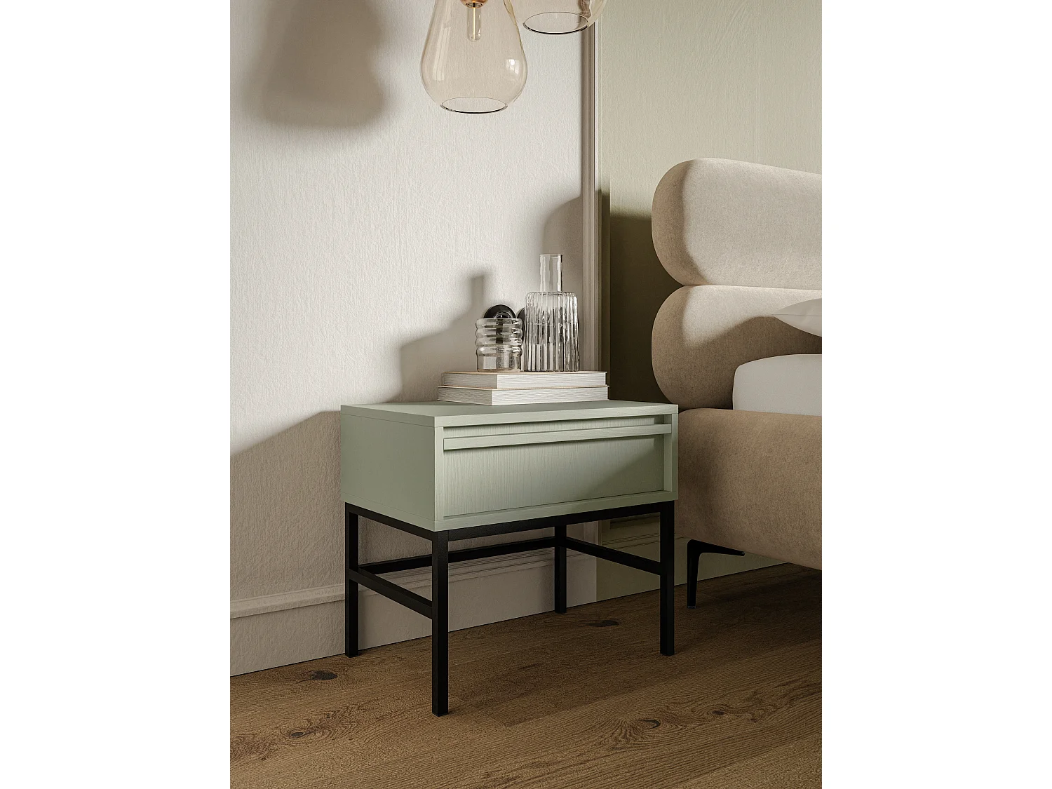 Table de chevet - 50 cm - avec tiroir et cadre - vert sauge - EVO