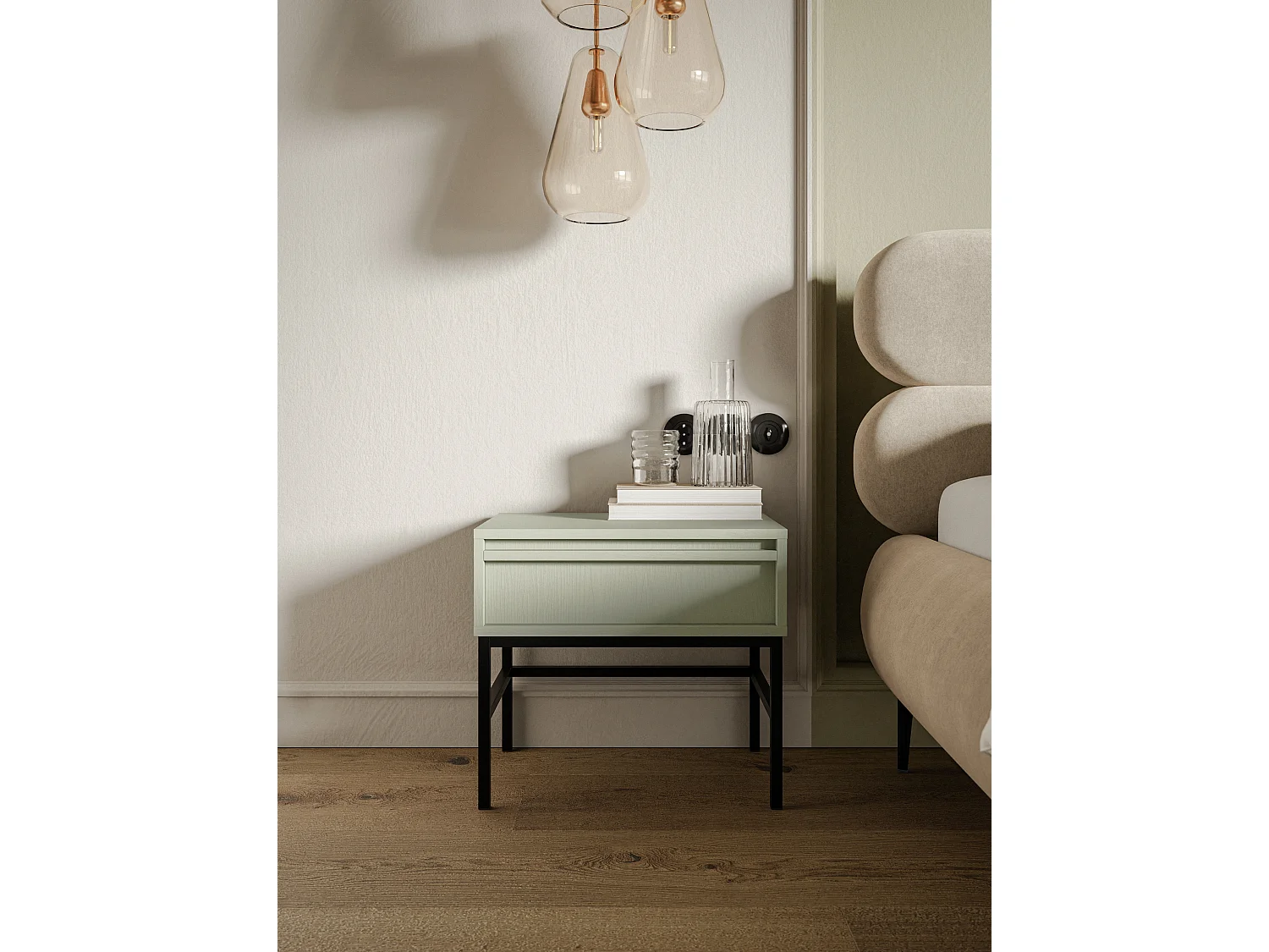 Table de chevet - 50 cm - avec tiroir et cadre - vert sauge - EVO